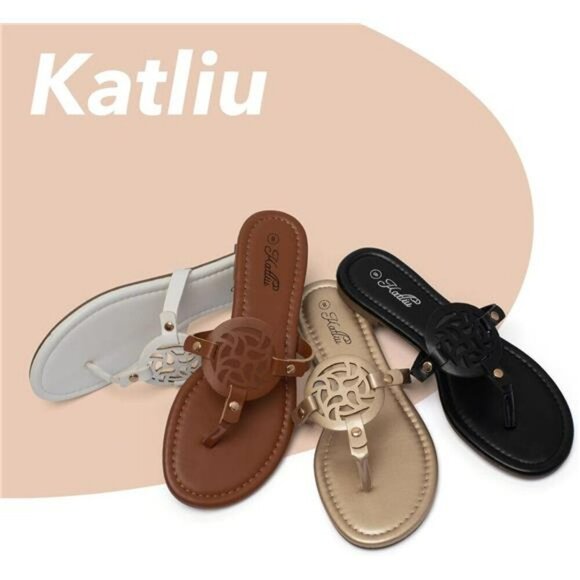 Katliu Womens Flat Thong Sandals Comfy Slip On Faux Leather Summer Shoes - Picture 6 of 7